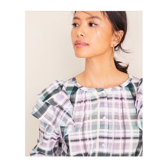 Ann Taylor Plaid Ruffle Shoulder Blouse XXSP - Picture 2 of 3